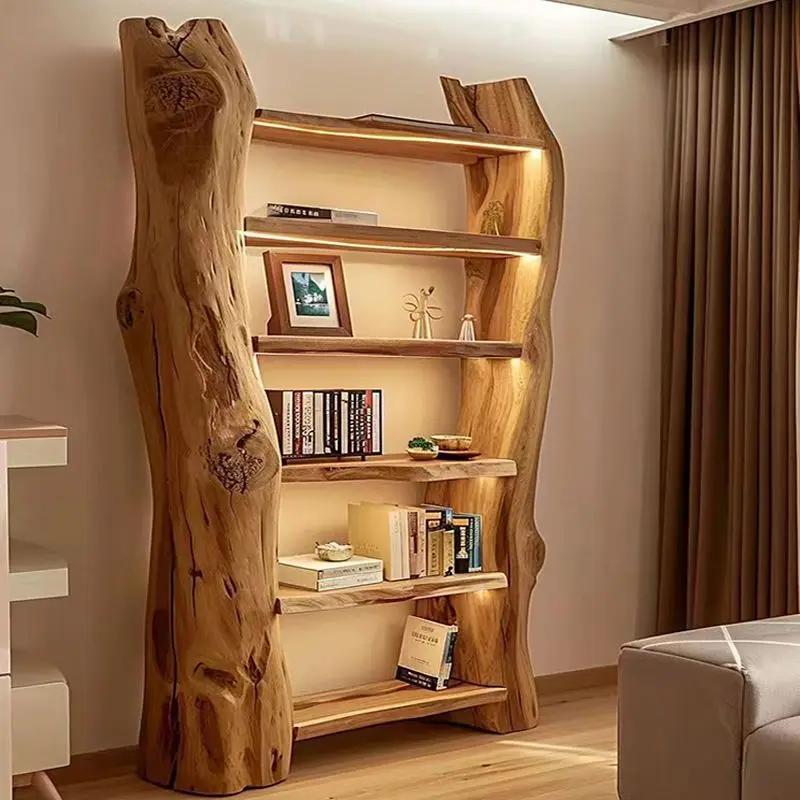 New Solid Wood Bookshelf New Chinese Style Living Room Study Bookcase Log Display Shelf Natural Trunk Dead