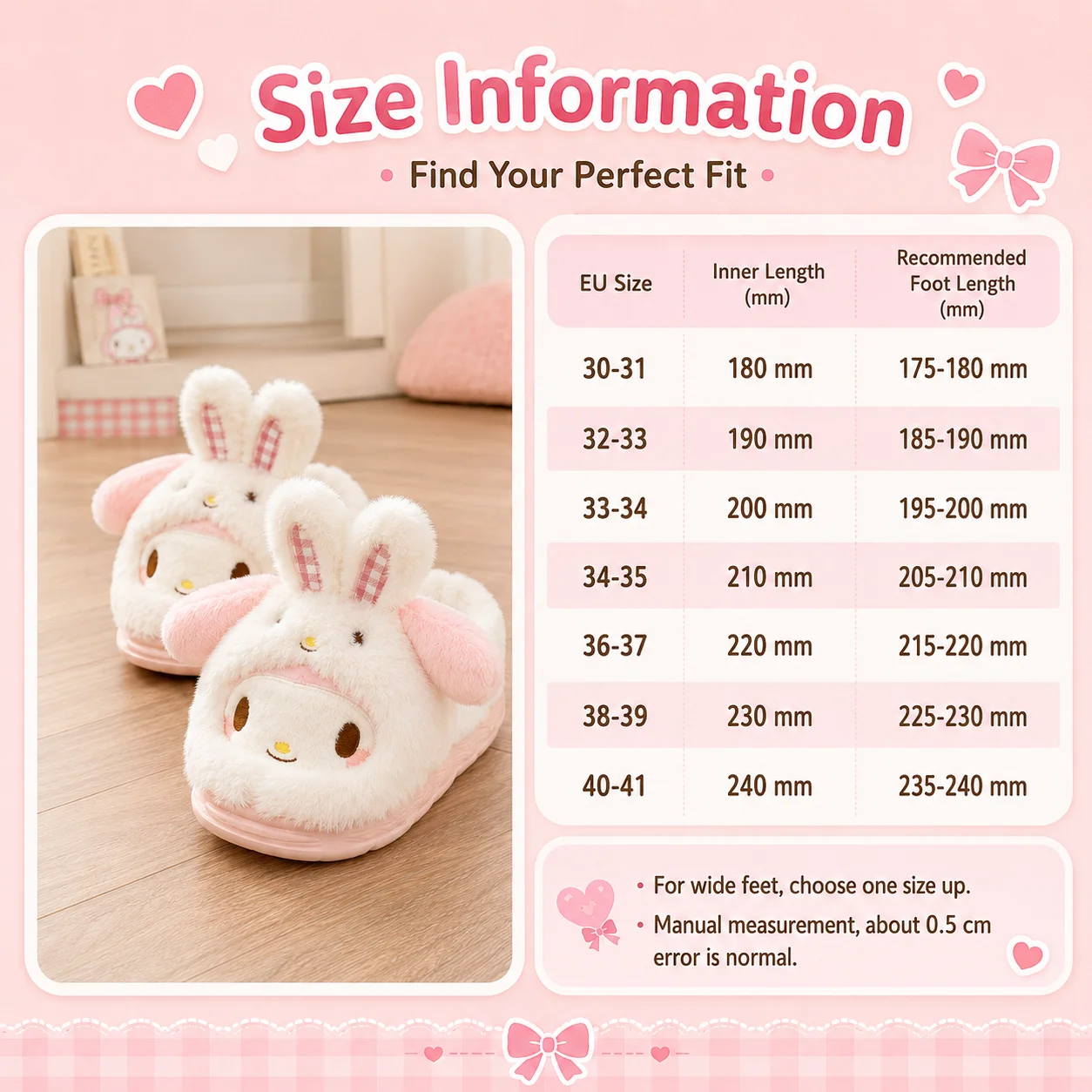 Sanrio My Melody Plush Slippers Women Cute Cartoon Rabbit Ear Fluffy Warm Winter Closed Toe Home Slippers Soft Thick Sole