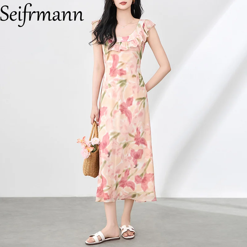 Seifrmann Abito lungo da donna alla moda con stampa floreale senza maniche con bordo a balze Splicing Abiti da ballo casual a vita alta