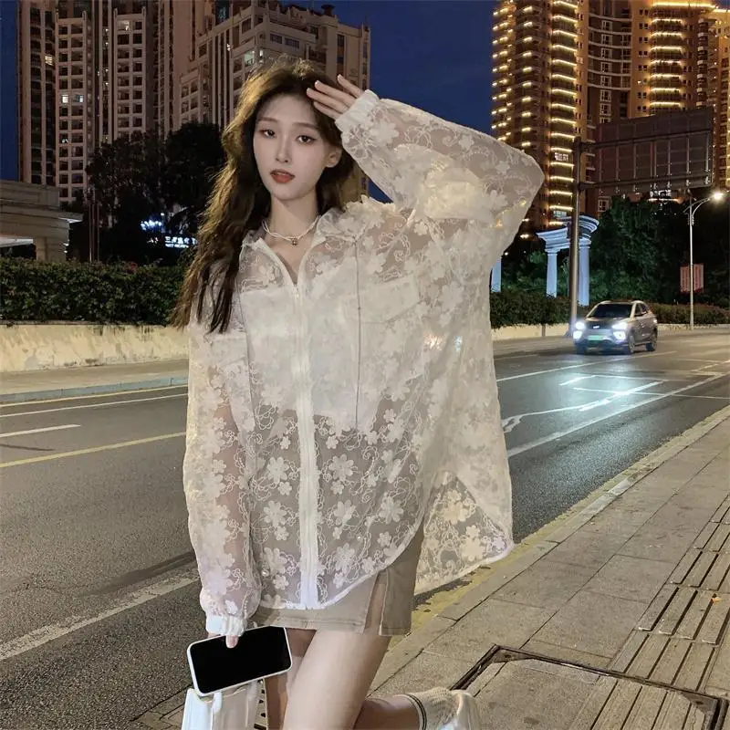 Gauze Solid Cardigan Hooded Long Sleeve Feature Printing Women\'s Clothing Lace Zipper Loose Fashion Casual Young Style Blouses