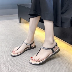 Women Shoes 2022 New Summer Rhinestone Flat Shoes Clip T-strap Roman Shoes Low-top Sandals Women's Plastic Casual Sandals Beach