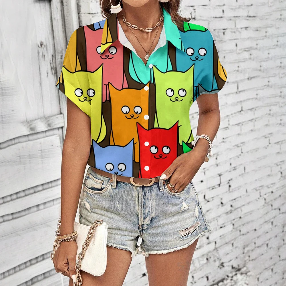 Women\'s Shirts & Blouses Fashion animal printing Shirts Cute kitten Shirts Short sleeved daily shirt 2024 summery Loose Shirt