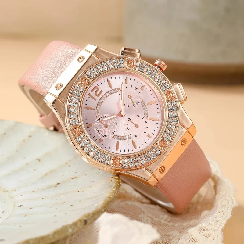 2PCS Set Pink Luxury Rhinestone Watches Women Crystal Quartz Bracelet Watches Wristwatch Ladies Dress Wristwatch Clock Relogio