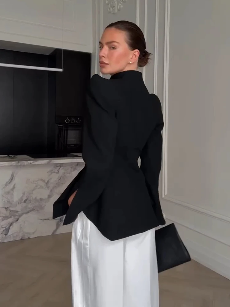 2026 Autumn Women Coat Stand Collar Long Sleeve Pad Shoulder Tunic Slim Female Jacket Solid Lady Blazer High Street Office