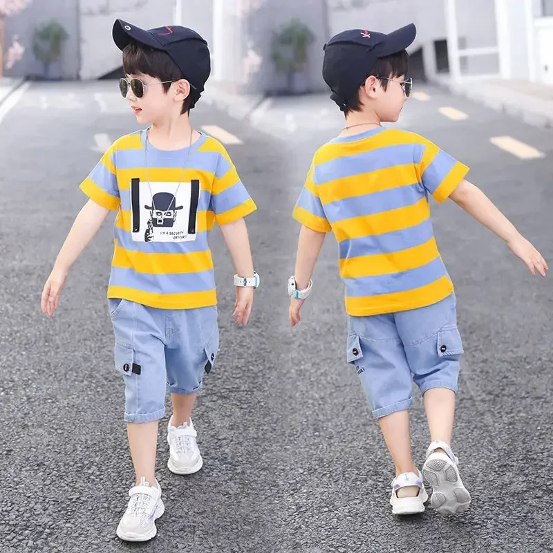 Summer Boys Clothing 2024 Kids Clothes Stripe Cotton T-shirt+Jeans Pant Boy Sets Infant Newborn Clothing 3 4 5 6 7 8 10 12 Years