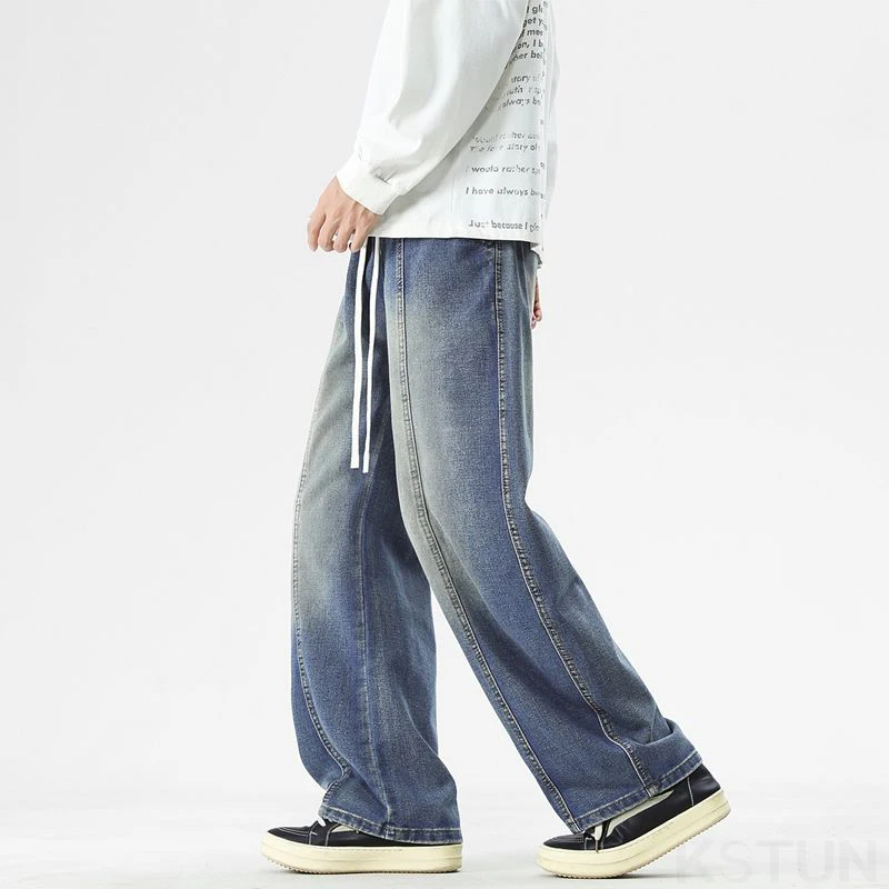 KSTUN 2025 الخريف الجينز الأسود الرجال واسعة الساق السراويل الفضفاضة فضفاضة مستقيم المشارب المرقعة الرباط مطاطا واسط الرجال السراويل #4