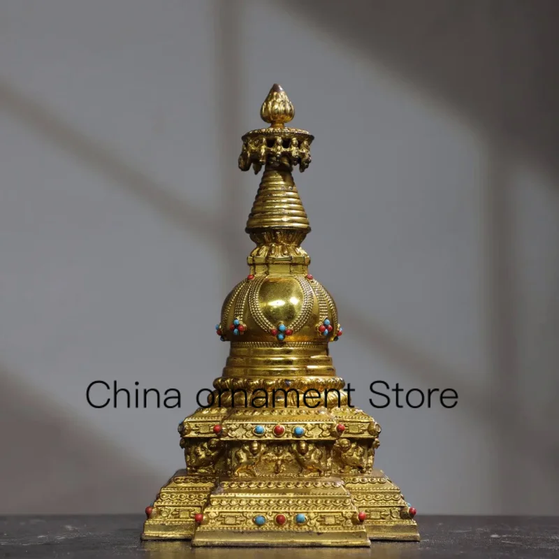 

20cm Nepalese Tibetan old yellow copper gilded gold inlaid with red and green gemstones pagoda pointed tripod Tibetan relics