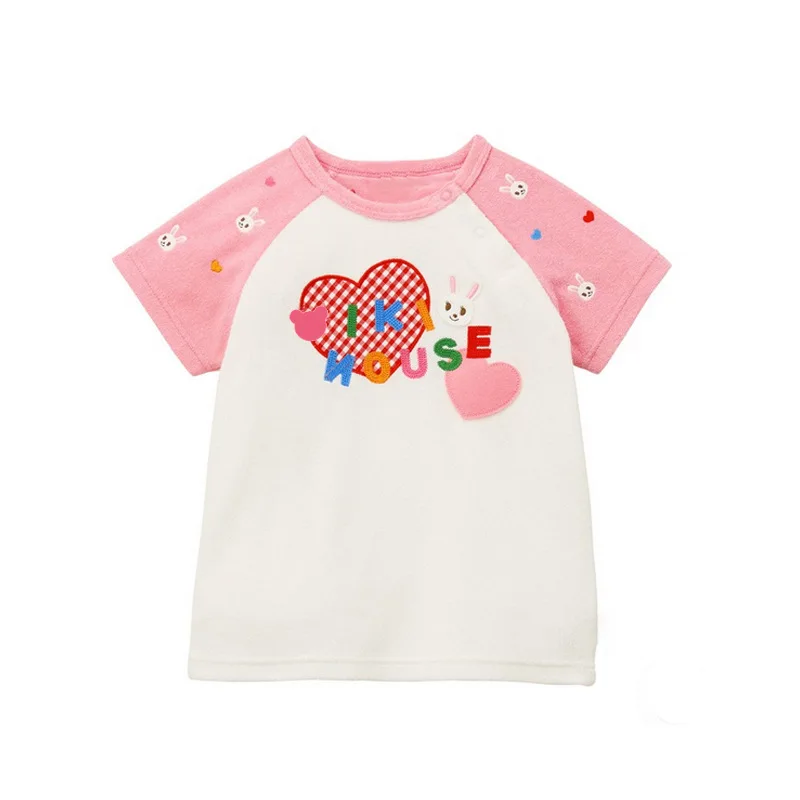 2026 Kids Cartoon Bear Rabbit Colorblock Raglan Sleeve Short Sleeve T-Shirt Cotton Terry Embroidery Tops