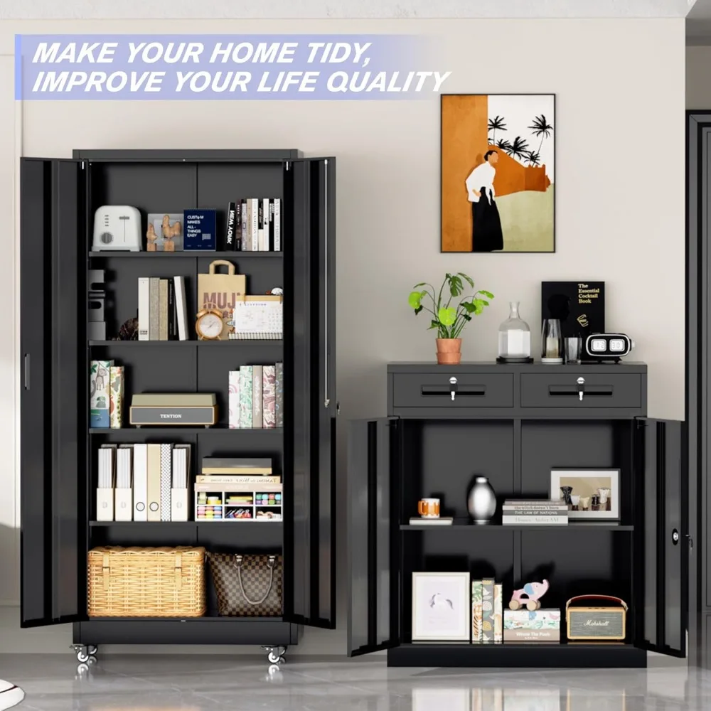 خزانة تخزين معدنية بعجلات، وخزانة تخزين جراج مع أرفف قابلة للتعديل وأبواب قابلة للقفل للمنزل المرآب