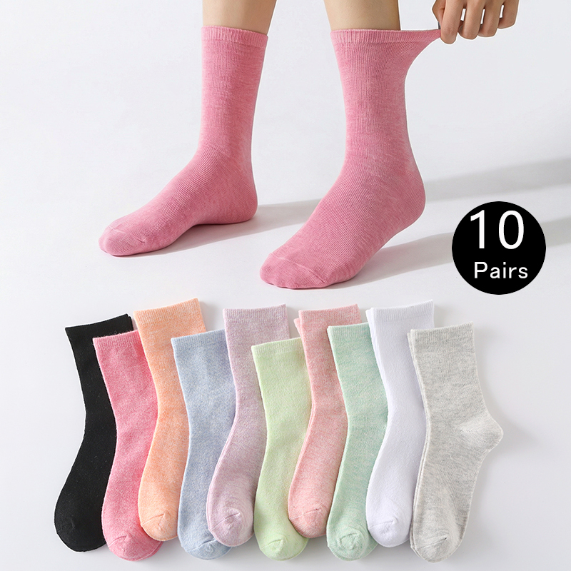  10 Pairs Classic Women Socks Spring Autumn Solid Colors Cotton Socks Female Casual Harajuku School Girls Breathable Crew Socks 