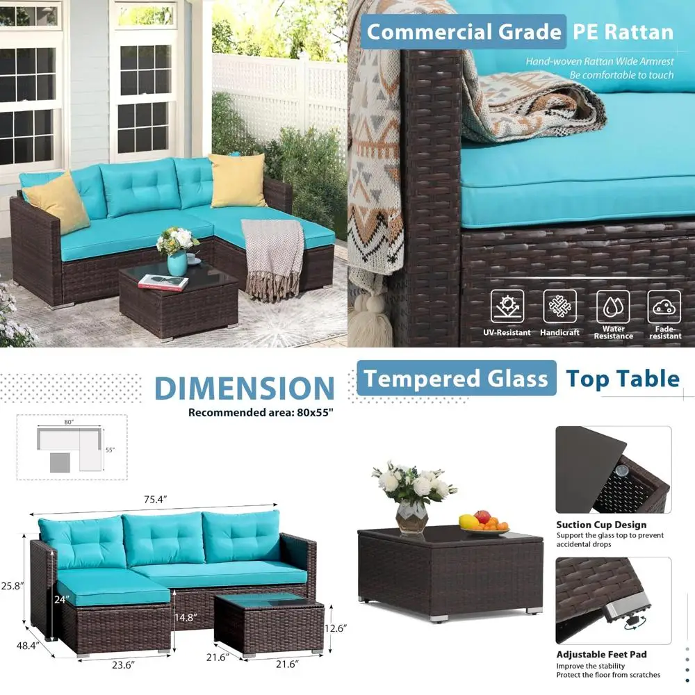 3-Piece Turquoise Outdoor Wicker Patio Furniture Set with Tempered Glass Coffee Table