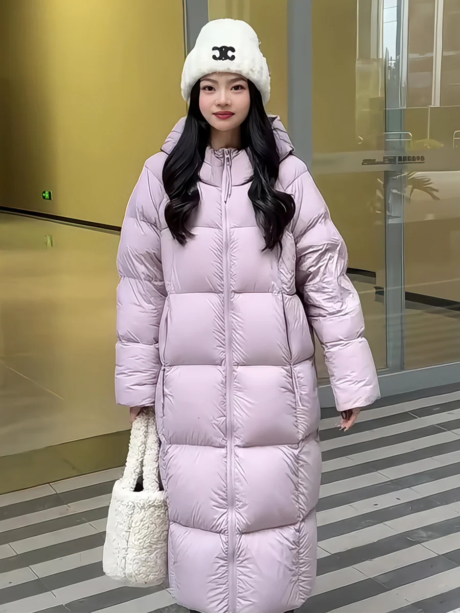 Loose Fit Long Puffer Jaet Women's Korean Sle White Du down Thiened Warm Outerwear Hooded Coat Purple Color