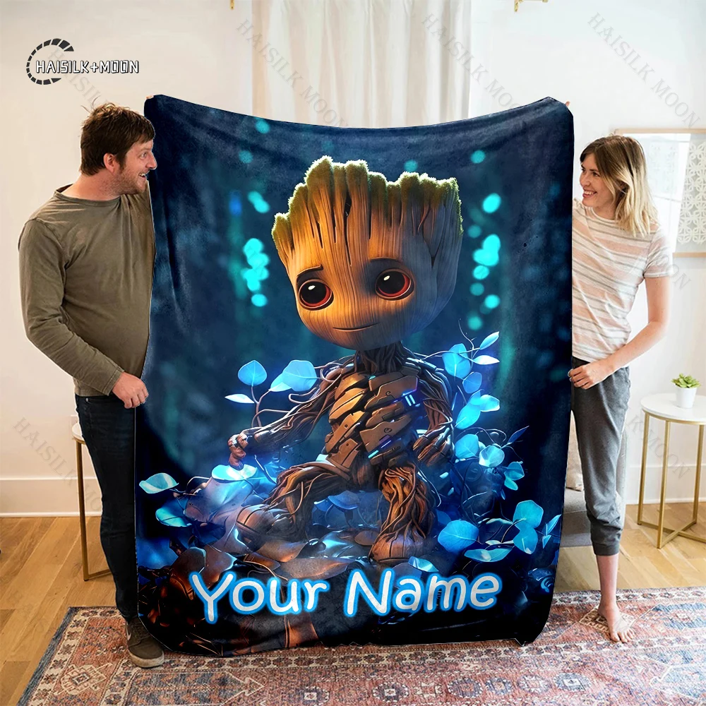 1PC Custom Name Marvel Groot Printed Blanket, All-Season Multi-Use for Nap, Camping, Travel, Car ,sofa Machine Washable