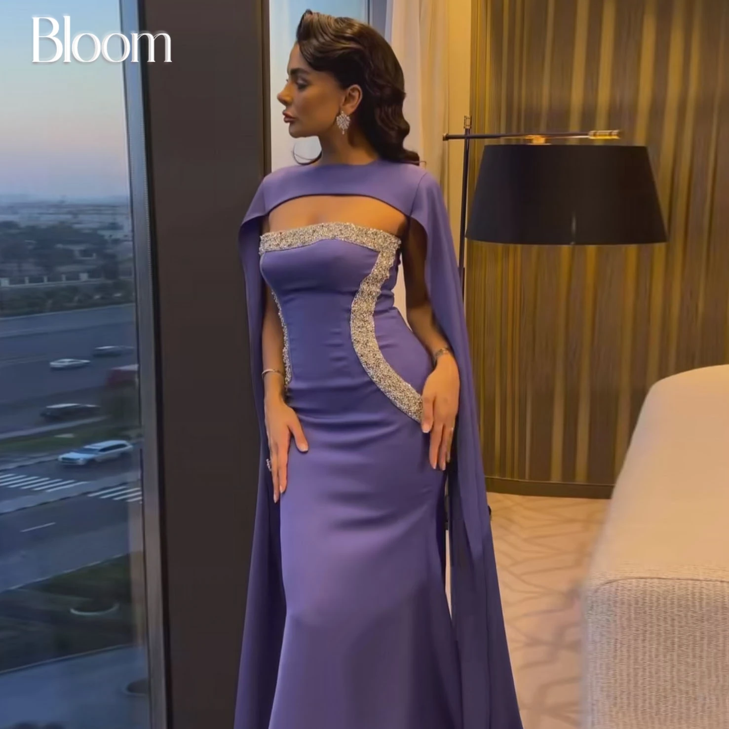 

Bloom Arabia Women Cloak Purple Evening Dresses Strapless Mermaid Sequins Beads Formal Occasion Wedding Party Dresses For Prom