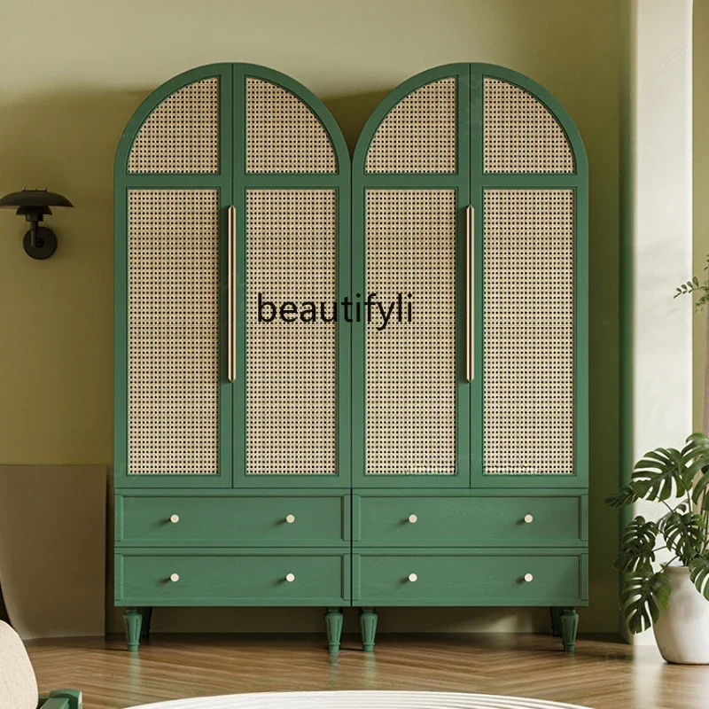 

ADesigner Model Vintage Green Rattan Wardrobe Bedroom Arch Cabinet Double Door Hanging Wardrobe American Style Chinese Style
