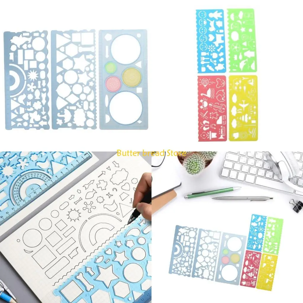 W89C 7Pcs Geometric Drawing Template Stencils Drawing Rulers Multi-Function Measuring Ruler for Studying,Designing Building