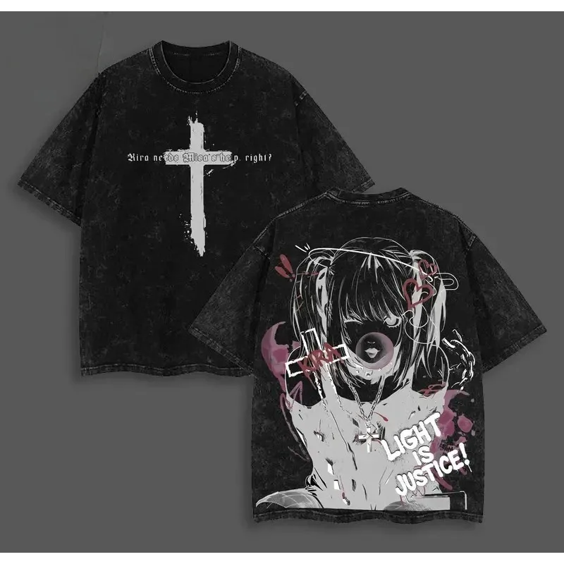 Anime Death Note Misa Graphic Print T-Shirt Retro Washed Oversized Streetwear Soft Cotton Short Sleeve Men Women Summer New Top