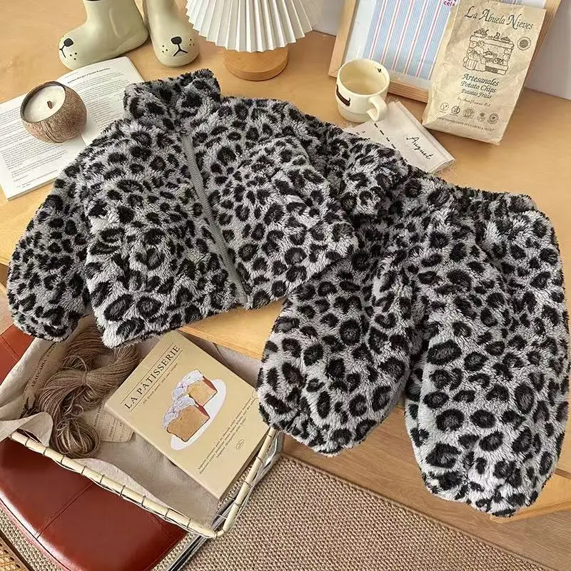 

Children's Set Girls Autumn and Winter With Thick Velvet Home Clothes Boys' Stand Up Collar Leopard Print Two-piece Set