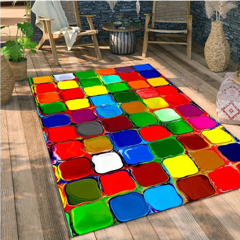Colorful Square Checkered Outdoor Area Rug, Vibrant Non-Slip Floor Mat for Patio Deck, Decorative Carpet for Camping Party