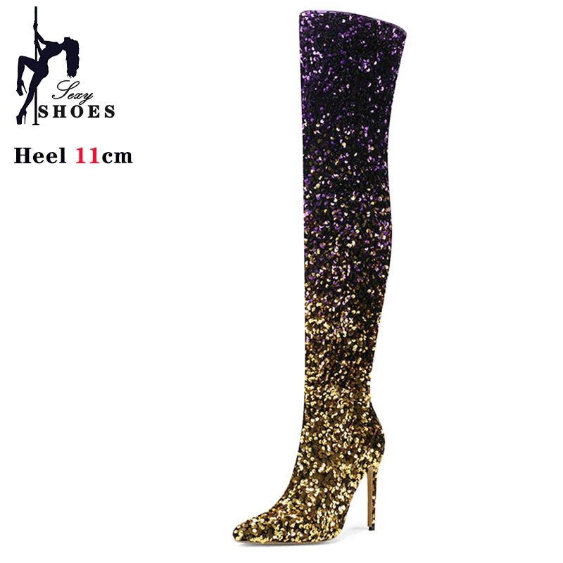 New Style Gradient Sequin Side Zipper with Pointed Toe High Heel Over Knee High Boots for Women Exotic Dancer Boots Shoes Women