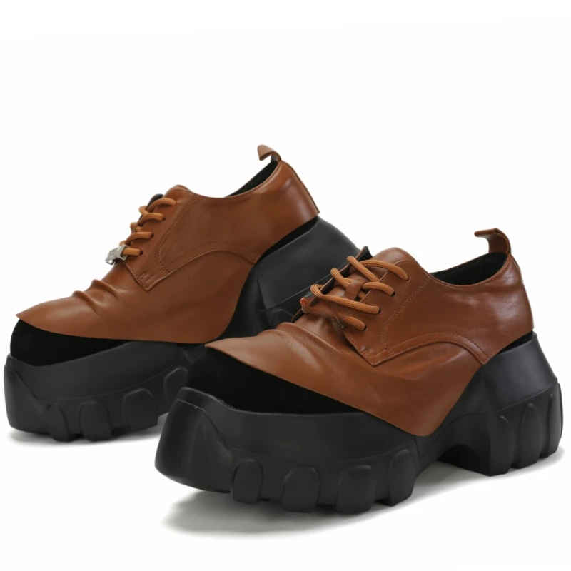 British Style Retro Thick Soled Derby Shoes Men's Genuine Leather Lace Up Casual Leather Shoes Versatile Height Increasing Shoes