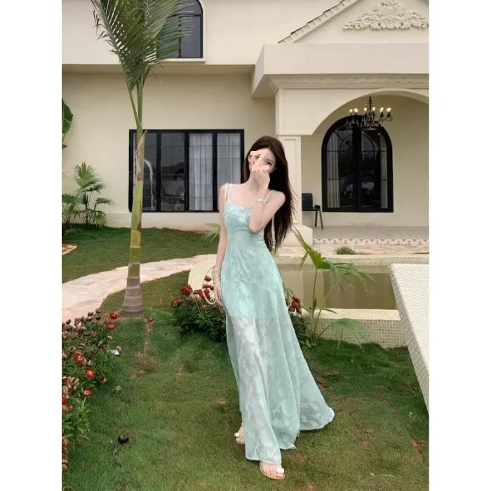 2025年新作夏スタイル フレンチフレッシュ＆スイート サスペンダードレス レディース 海辺のバカンスウェア ウエストミディ丈スカート