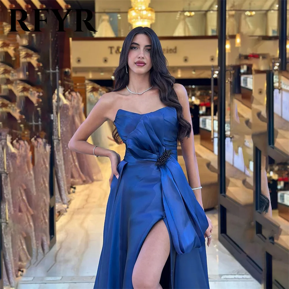 RFYR Dark Royal Blue Prom Dresses Sleeveless Side Split A Line Evening Dress Pleat Beading فساتين السهرة Sweep Train Party Dress