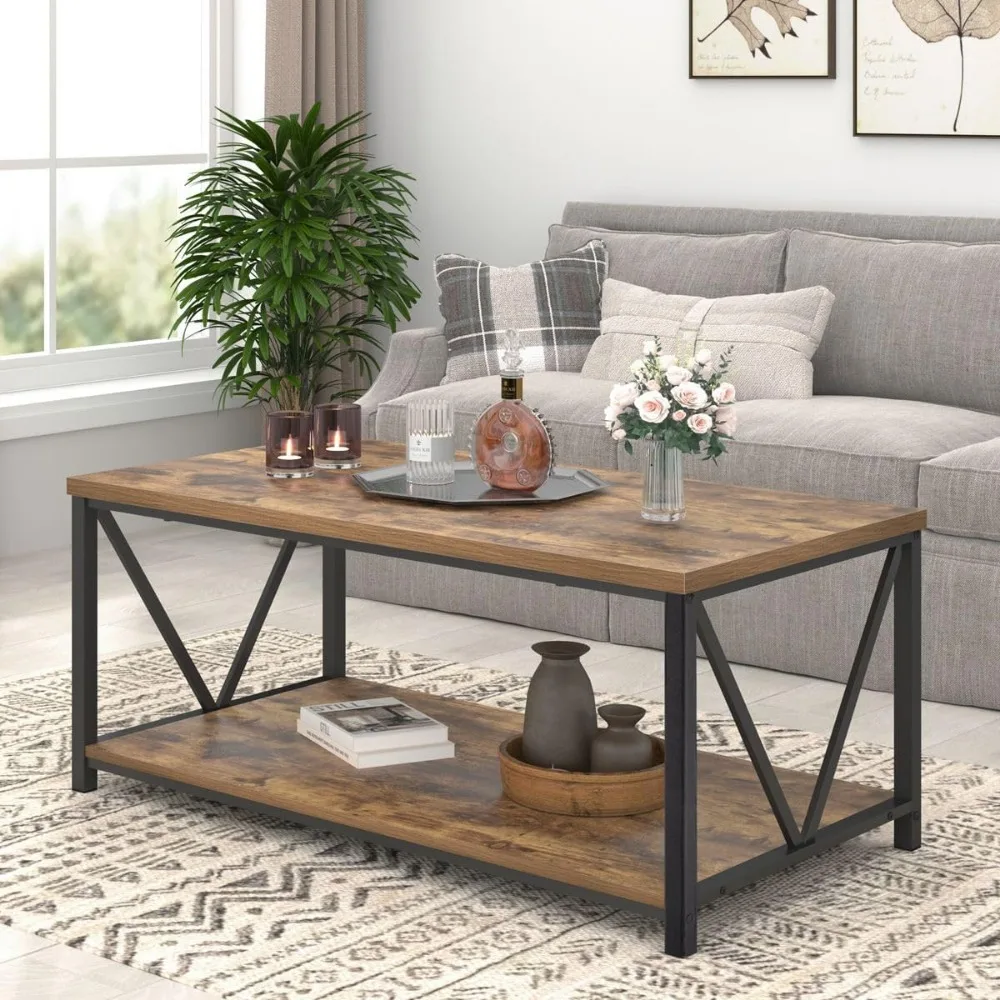 Rustic Brown Industrial Metal and Wood Coffee Table with Storage Shelf for Living Room