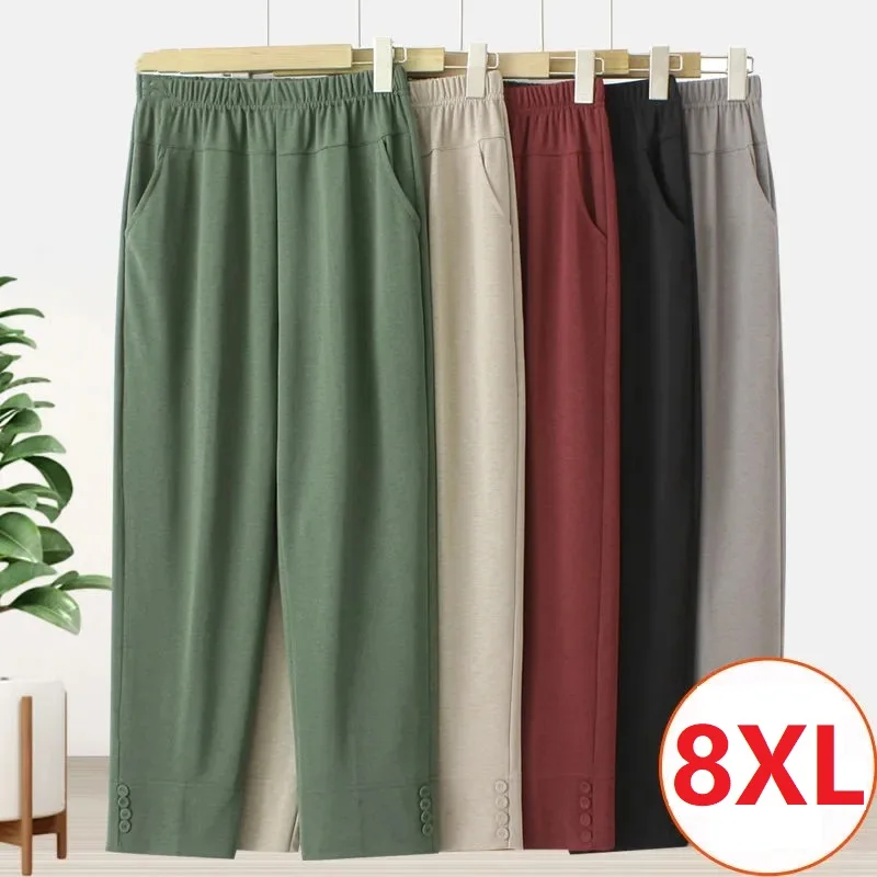 

New Middle Aged Old Women Summer Pants Thin Elastic Waist Loose Mother Pants Casual Female Straight Trousers Oversize 7XL 8XL