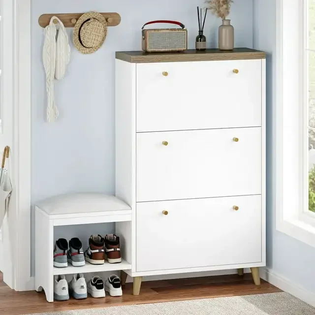 

Шкаф для обуви с скамейкой и 3-х откидным ящиком для прихожей, узкая скрытая современная скамейка для хранения обуви