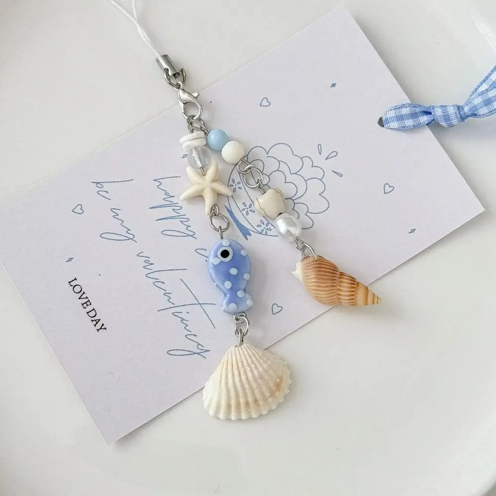 Versatile Seashell Phone Lanyard Starfish Handmade Keychain Pendant Blue Color Ins Style Seashell Keychain for Girls