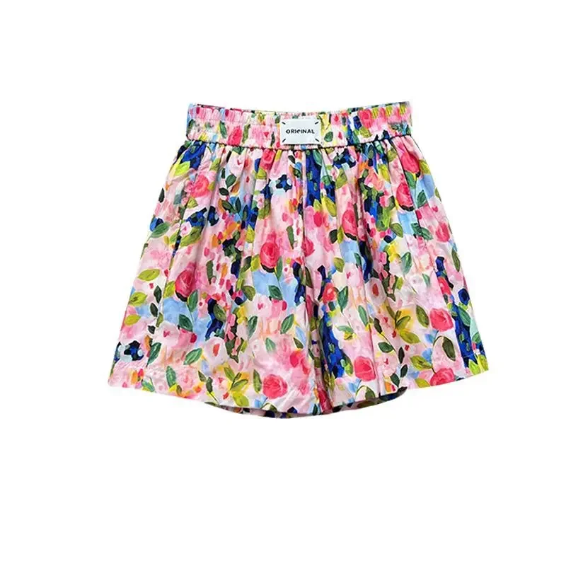 Summer New Elastic Waist Printing Wide Leg Hot Pants All-match Plus Size Trend A-line Shorts Street Casual Fashion Women Clothes