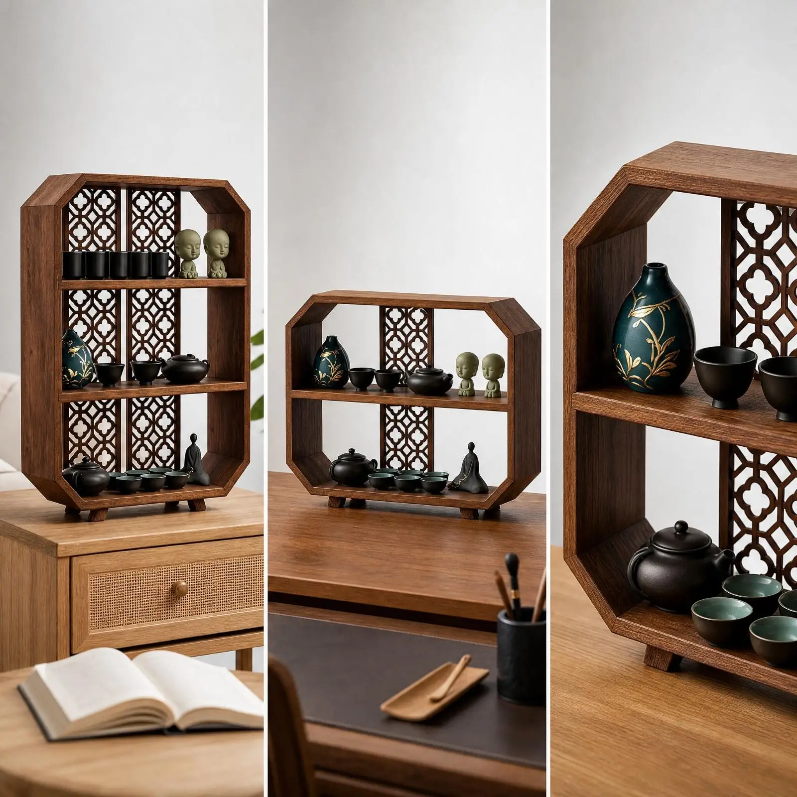 Octagonal Wood Shelf Stand for Tea Set Display with Storage Rack for Study Room Tabletop