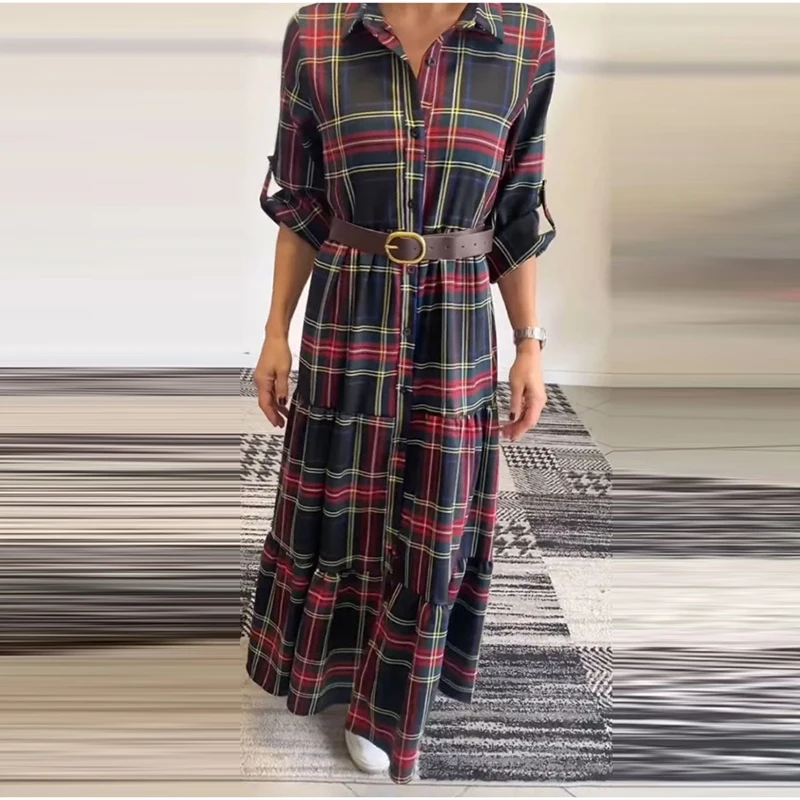 2025 Spring Summer Plaid Printed Commuter Dress for Women Lapel Long Sleeve Shirt Dress Casual Single Breasted Loose Maxi Dress