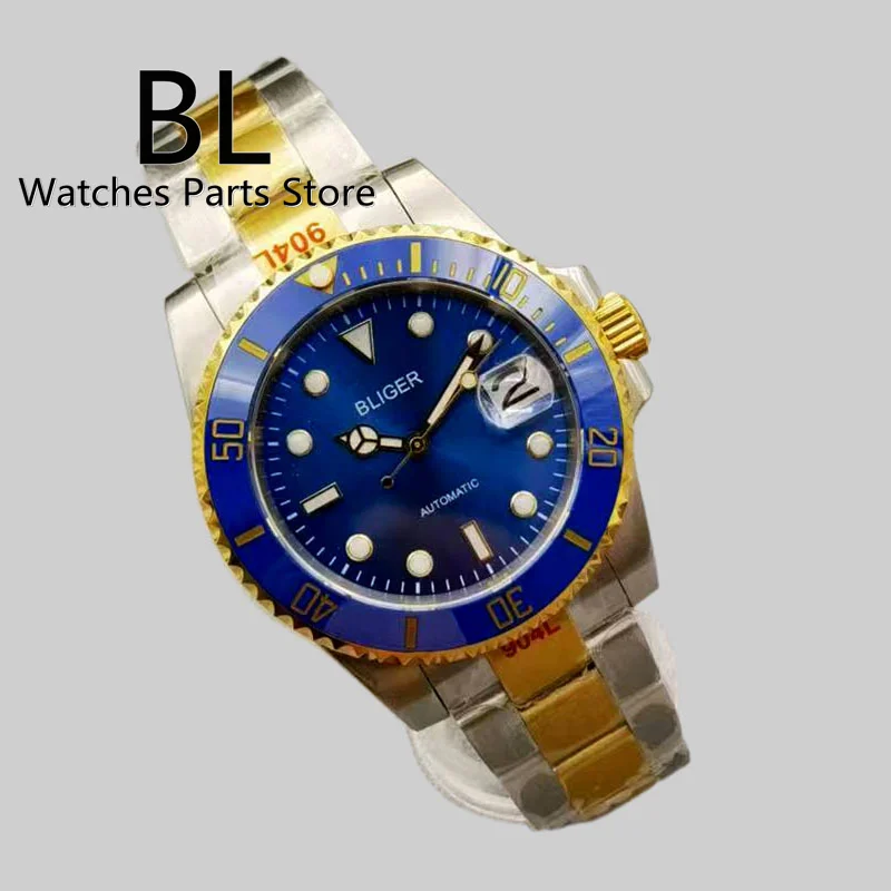 BLIGER 40mm Luxury Diver\'s Watch For Men Two-tone Gold Sapphire Glass Luminous Automatic Mechanical Wristwatches Jubilee Strap