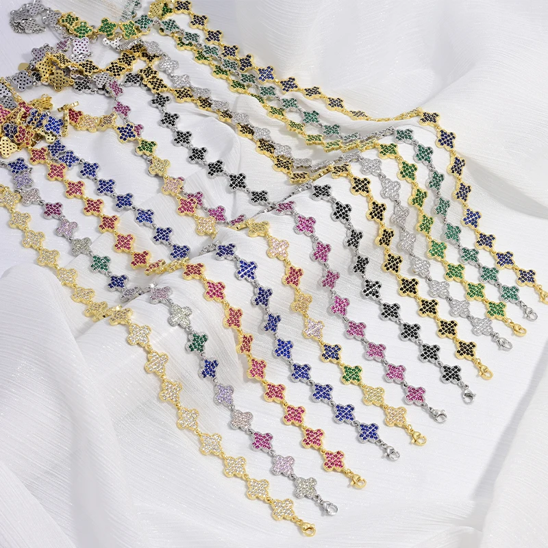 

ZHUKOU Four Leaf Clover Petal 18K Golden-Plated With CZ Stones Colourful Ladies Jewellery Bracelet Necklace 1 Piece:VL577-VL578