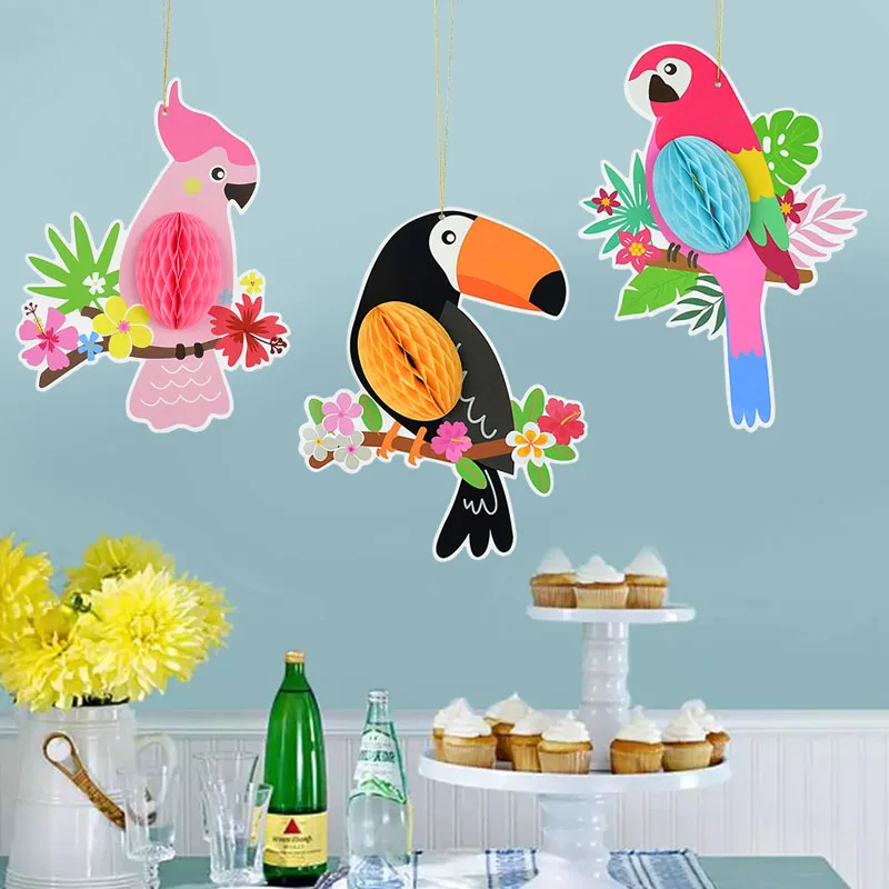 3-teiliges Set Tropische Vogel-Wabendekoration zum Aufhängen, Hawaiianische Luau Tropische Party-Dekoration, Hochzeits-Party-Favors