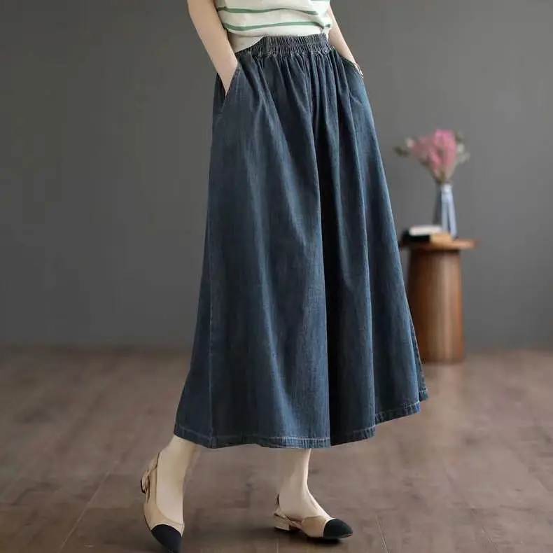 Summer New Sle Women's Jeans Pants l Waist Commuter Wind Korean Version ket Design Seven-Foot Wide Leg Skirt Pants
