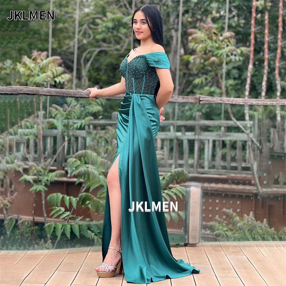 

Beadings Formal Evening Dresses Satin Saudi Arabia Side Slit Celebrity Gowns Mermaid Off Shoulder Ruched Party Gown