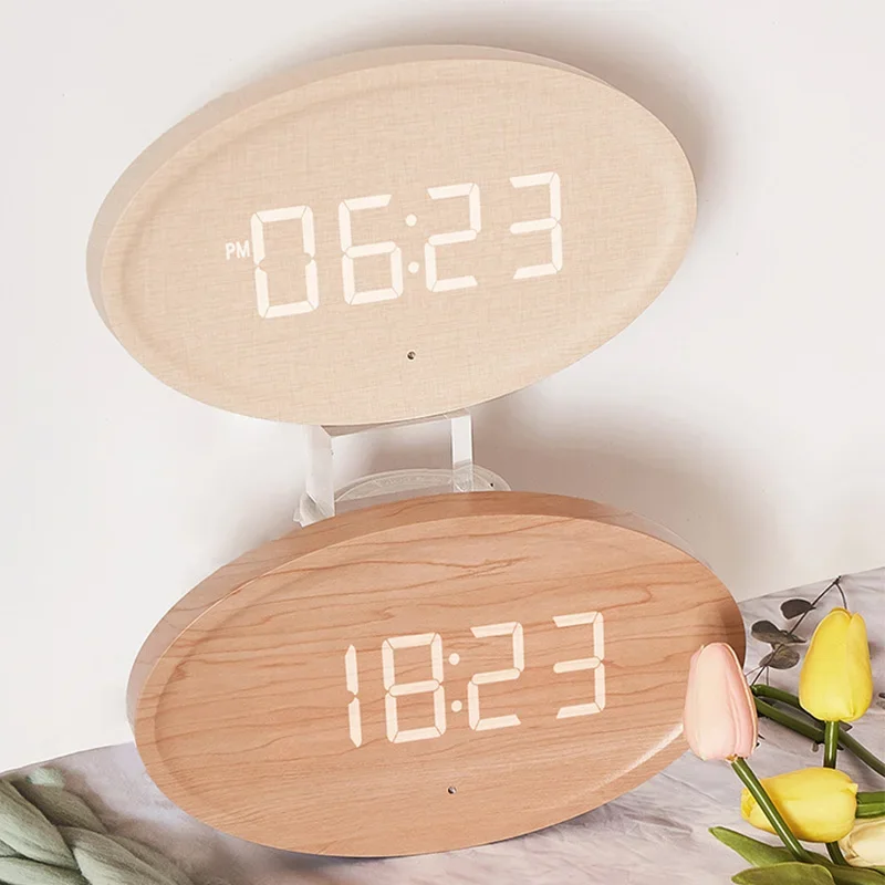 Round LED Wall Clock Temperature Date Display Digital Clock Imitation Cotton Linen Color Alarm Clock Living Room Bedroom Decor