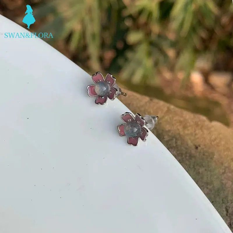 

100% Genuine Natural moonstone flower 925 Sterling Silver Stud Earrings for women Jewelry Gift