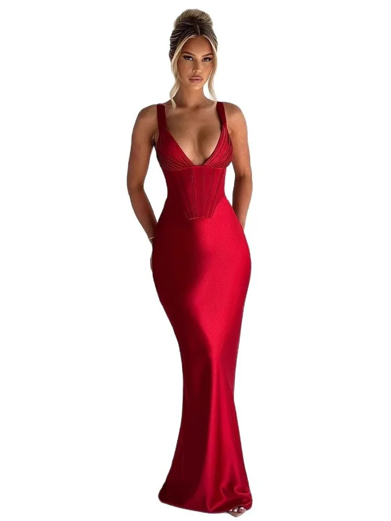 مثير V-Ne Fibone Strapl طويل الساتان الدكتور Bal الأحمر Svel ثوب مسائي عالية الخصر ملابس رسمية للنساء #5