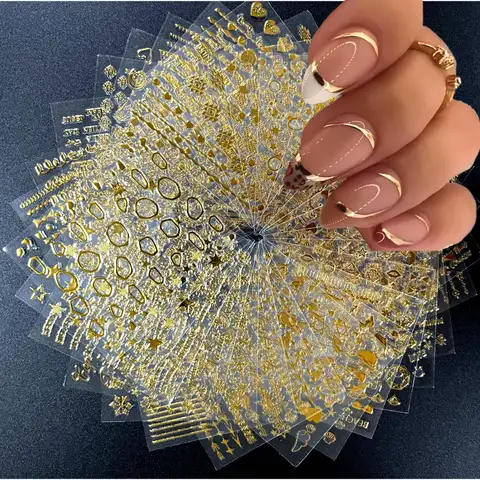 30 Sheets Gold Nail Art Stickers 3D Self-Adhesive Nail Decals Gold Line Star Nail Stickers for Acrylic Nails Gold Leaf