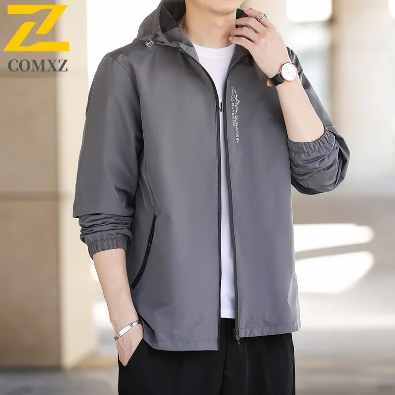 COMXZ 2025 Mens Mountain Hooded Jacket Youth Casual Windbreaker Coat Outdoor Waterproof Outerwear