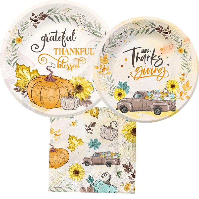 8 adet Kabak Şükran Günü Kağıt Tabaklar Bardak Peçeteler Tek Kullanımlık Çatal Bıçak Takımı Şükran Günü Partisi Dekorasyon Malzemeleri