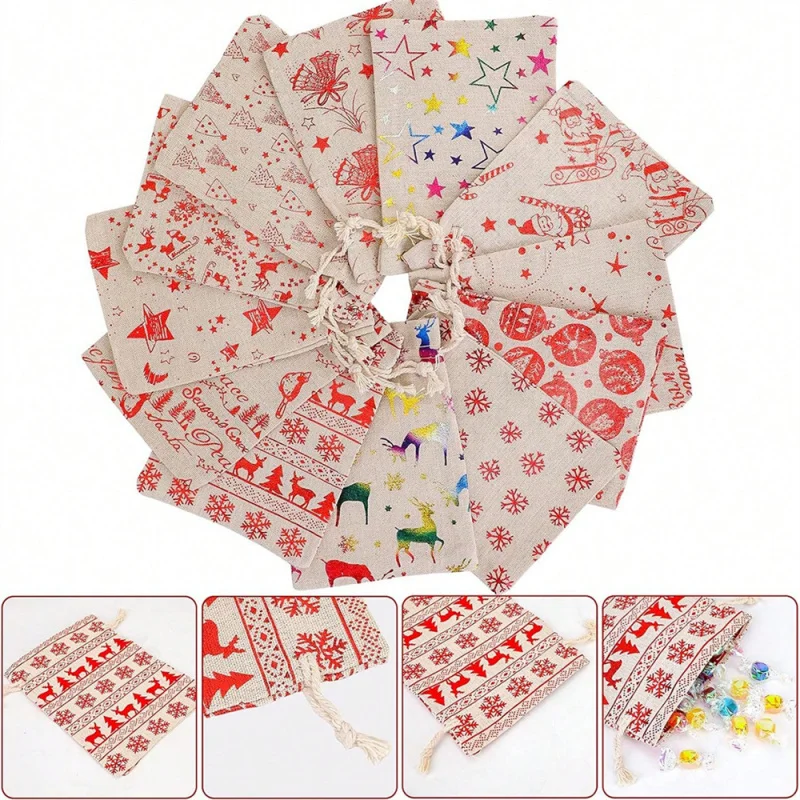 12 قطعة من أكياس هدايا عيد الميلاد من الكتان ذات الحافة الذهبية، تخزين حلوى مجوهرات العطلات، منظم صغير لحفلات الزفاف، لوازم يدوية ذاتية الصنع #6