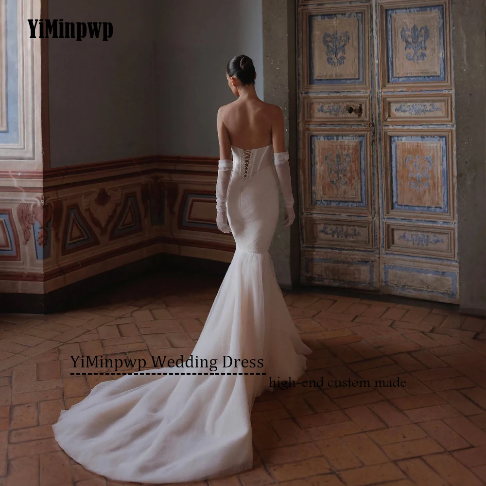 우아한 머메이드 여성 웨딩드레스 2025 신부 백리스 튤 스트랩리스 브라이덜 가운 슬리브리스 비딩 스윕 트레인 맞춤 제작