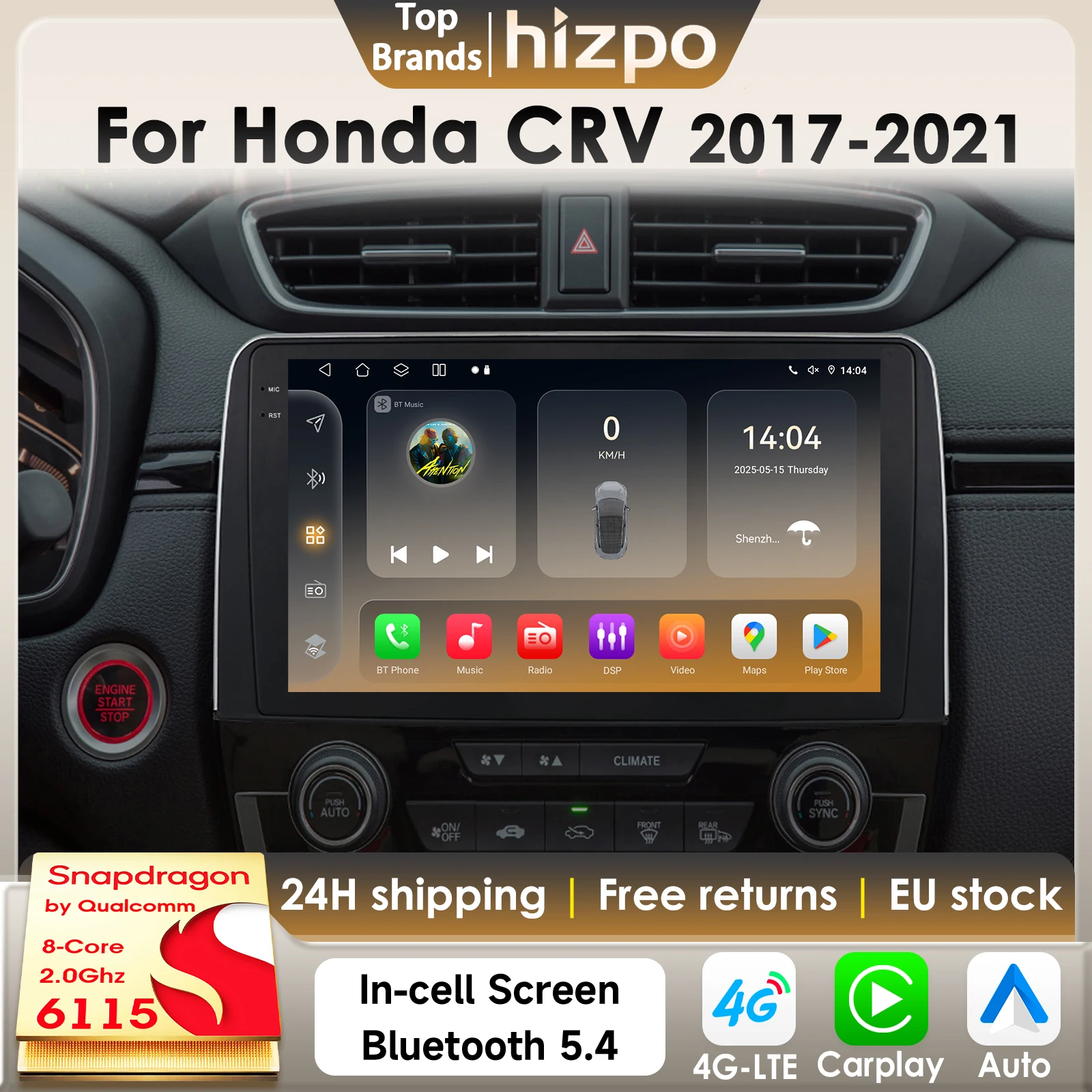 Hizpo 8Core 2Din Android 14 Autoradio für Honda CRV CR-V 2017–2021 AI Auto Multimedia GPS 4G Carplay von Qualcomm Snapdragon 611