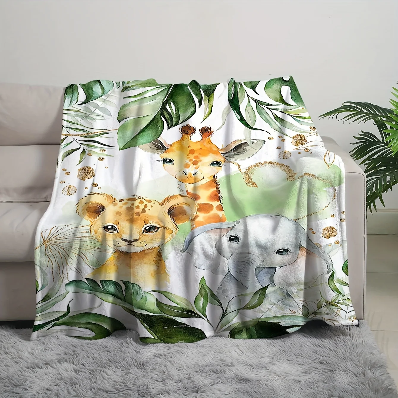 Soft Safari Animal Throw Blanket Jungle Print Lion Giraffe Elephant Fleece Decor Nursery Boho Living Room Cozy Throw