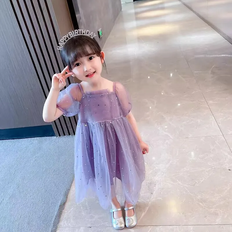 New Summer Girls Princess Dress with Sequin Tulle Puff Sleeves Party Dresses Purple Casual Dresses for Kids